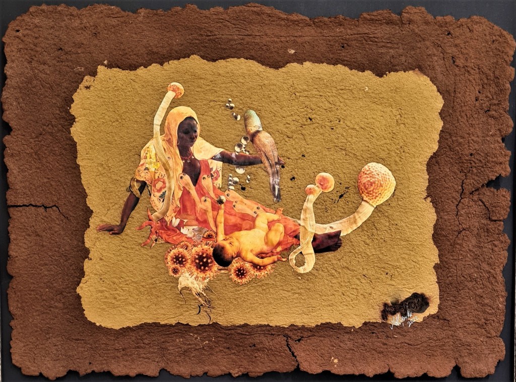 rotrandiger Fichtenporling, Lackporling, geschnitten, getrocknet und püriert, eingebettete Bilder einer dunkelhäutigen Madonna mit einem hellen Baby, die entspannt auf Viren, Myzel und riesigen Keulenpilzen liegen. Das Baby greift nach Blasen von einem Kraken, der auf dem Arm der Madonna ruht.